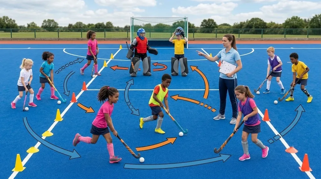 Hockey coach managing rolling bench substitutions on the turf sideline