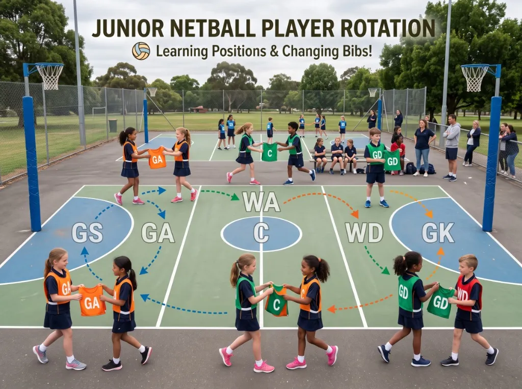 Junior Netball Player Rotation learning positions and changing bibs
