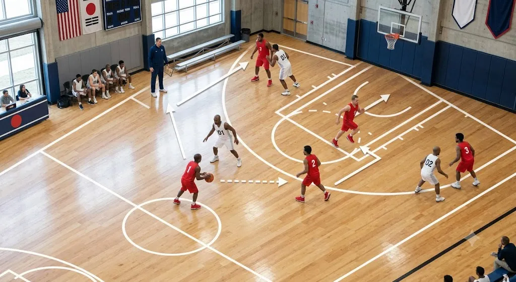 Secondary school basketball players competing in an indoor gym
