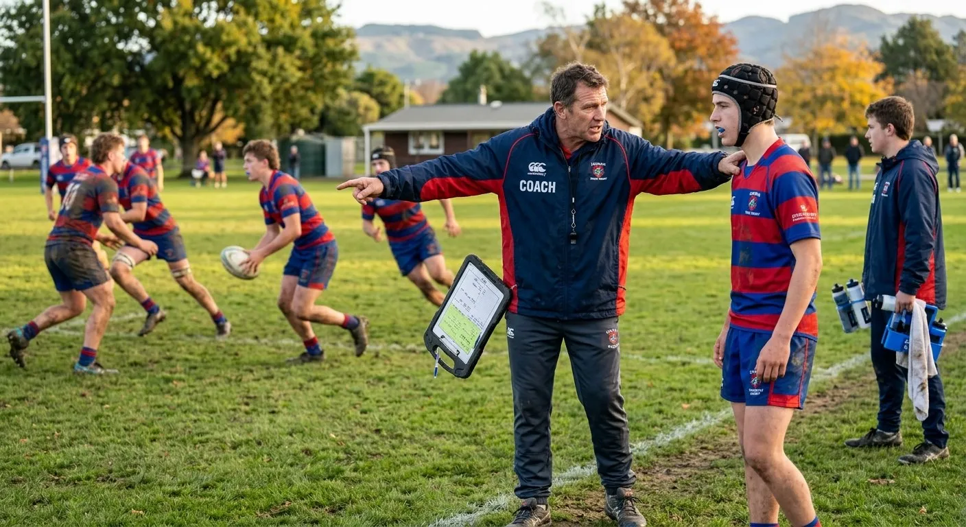 New Zealand school rugby match in action on a grass field